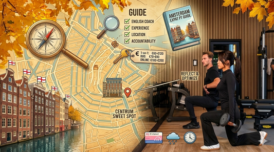 Split view of Amsterdam map with landmarks, icons, and text, and people exercising in a gym.