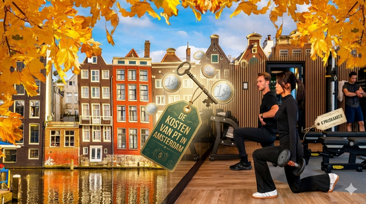 Split image combining an Amsterdam canal scene, a personal training session, and a price tag with money symbols.
