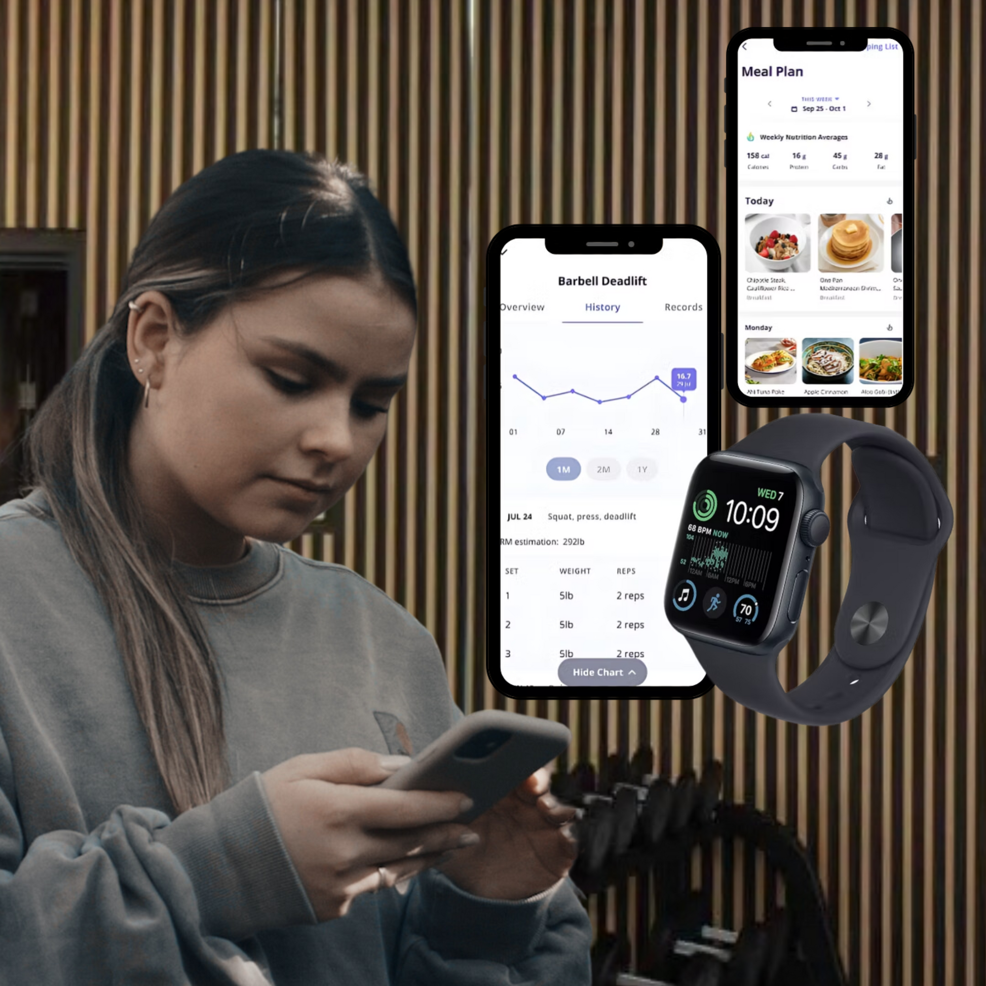 Young woman using the Fit by David app during a workout, viewing exercise video, training log with sets, reps, rest timer, and weight recommendations on screen.
