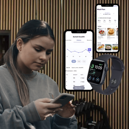 Young woman using the Fit by David app during a workout, viewing exercise video, training log with sets, reps, rest timer, and weight recommendations on screen.